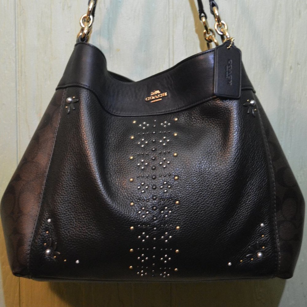 Coach Lexy Rivet Stud Silver Gold Signature Black Leather Bag f32977